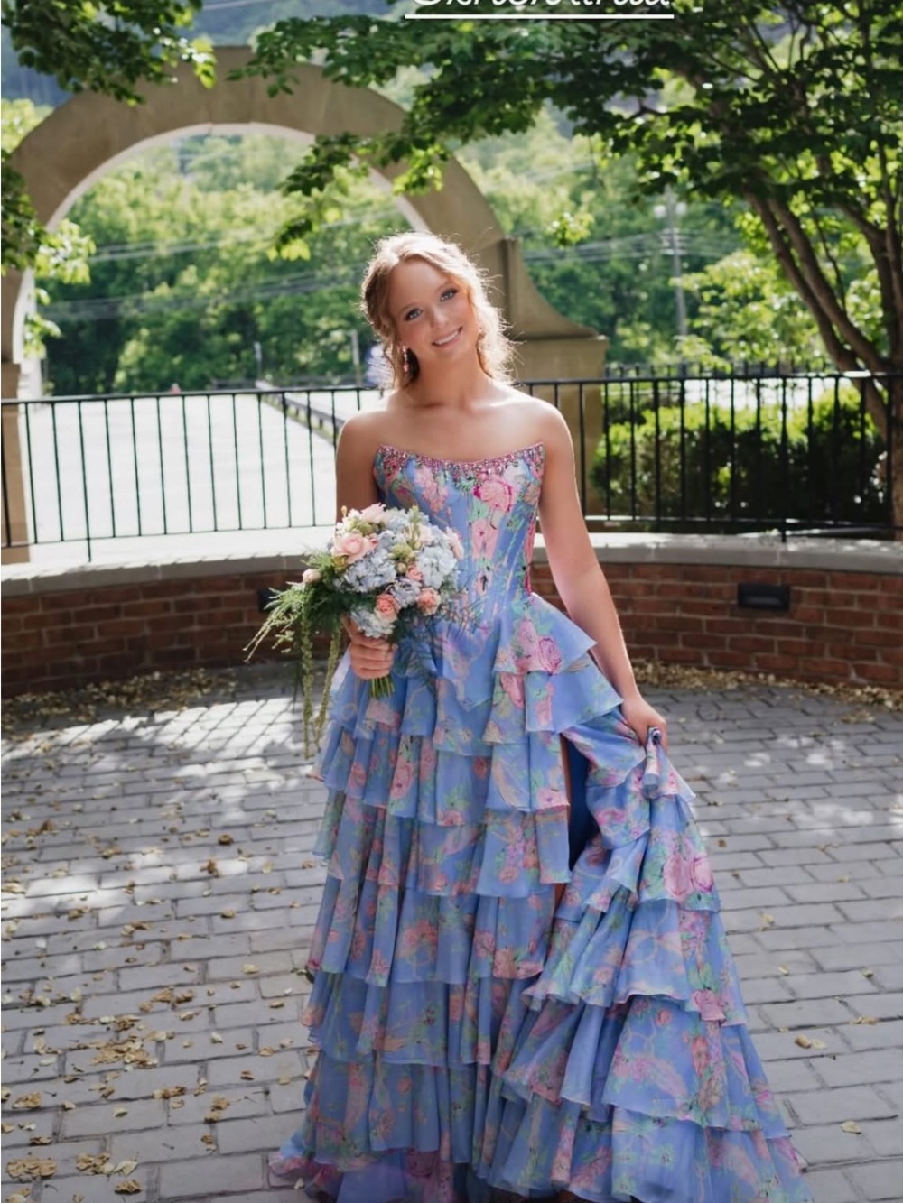 Sherri Hill Lavender Floral Strapless Tiered Prom Dress